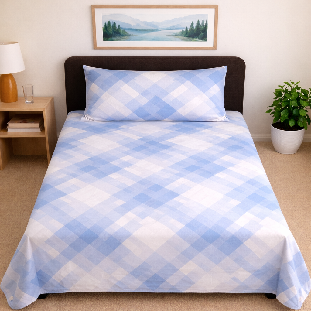 Light Blue Check Printed Single Bed Sheet Set Light Blue Check Printed Single Bed Sheet Set