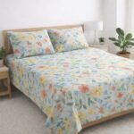 Sky Blue Bloom Printed Double Bedsheet Set - Image 2